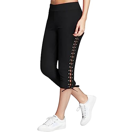 Bandage Elastisch Taille Beschnittene Hosen Lässig Jogginghose Damen Hose Schwarz Elegant Schmales Yogahose Kurz Skinny Stretch Straight Yoga Blickdicht Leicht Atmungsaktiv Sweathose (Black, XL)