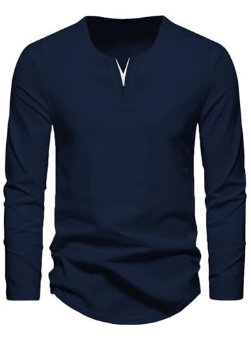 Meilicloth Langarmshirt Herren Pullover T Shirt Langarm V Ausschnitt Shirt Herren Oberteile Baumwolle Longsleeve Basic Sweatshirt Freizeit Soft Pullover Winter A Marineblau L