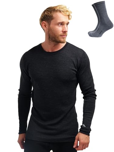 100% Merino Unterwäsche Herren - Merino Langarmshirt Herren Atmungsaktiv Und Feuchtigkeitsableitend Mittel + Wollsocken (Large, Charcoal Gray 250)