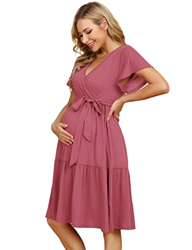 KOJOOIN Damen Umstandskleid V-Ausschnitt Stillkleid Casual Schwangerschafts Kleider mit Rüsche Rosa(Kurzarm) M