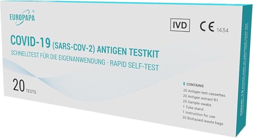 EUROPAPA® 20x Corona Laientest Selbsttest Covid-19 Antigentest auf SARS-CoV-2 Schnelltest zur Eigenanwendung Testkassete Probentupfer Antigenextrakt einzelverpackt