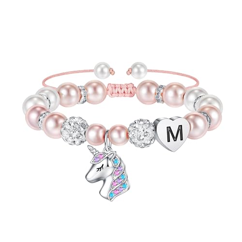 TINGN Geschenke für Mädchen Einhorn Armband - Rosa Armband Perlen Mädchen Buchstaben Armband mit Einhorn Armbänder für Teenager Mädchen Regenbogen Einhorn Schmuck Mädchen Geschenke 7 Jahre (M)