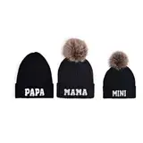 Kunyeah 3Pcs Eltern-Kind Beanie Hut Mama Papa Baby Matching Hüte Winter warme Mütze mit Bommel Frauen Männer gestrickte Mütze (DE/NL/SE/PL, Alphanumerisch, Einheitsgröße, Schwarz)