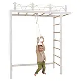 WoodandHearts Drinnen Schwedische Leiter, Klettergerüst Indoor, Indoor Kletterwand Kinder, Turngeräte in Weiß und natürliche Holzfarbe mit Paar Gymnastikringe