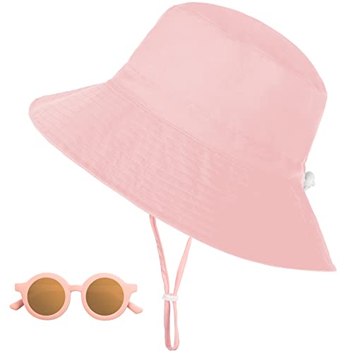 Sonnenhut Kinder, UV-Schutz UPF 50+ Breiter Krempe Sonnenschutz Fischerhut Bbay mit Sonnenbrille, Atmungsaktiv Bucket Hat mit Verstellbarem Kinnriemen, Strandhut für Mädchen - Rosa, 2-6 Jahre