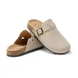 JOMIX Hausschuhe Damen Pantoletten mit Verstellbare Schnalle Geschlossen Wildleder Kork Fußbett Gartenschuhe Bequeme Flach Elegant Clogs (MD9516-6, Hellbeige, 37 EU)