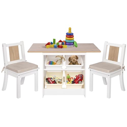 ONVAYA® Kindertisch-Set mit Stühlen | Weiß-Holz | Kindersitzgruppe mit Stauraum | Kindermöbel-Set mit Tisch und 2 Stühlen | Kindertischgruppe aus Holz | Sitzgruppe fürs Kinderzimmer