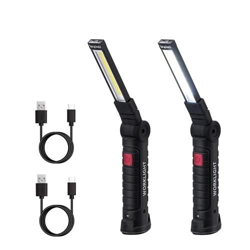 Tolesum 2 Stück LED Typ C Arbeitsleuchte Werkstattlampe,Taschenlampe Werkstatt Handlampe, Magnettaschenlampen Led COB Wiederaufladbare mit Haken für Auto Reparatur,Werkstatt,Notfall,Camping
