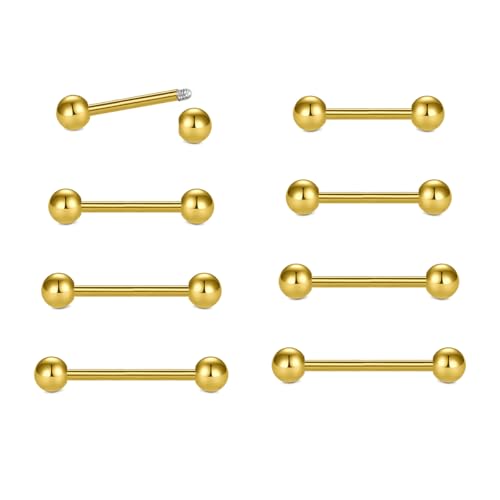 WillTen 8Pcs Zunge Bars Nippel Bars Zunge Bar Piercing, 14G Zunge Bars Metall Nippel Bars Chirurgenstahl, Nippel Piercing Schmuck Zunge Piercing-Schmuck für Frauen, Gold Nipple Bar