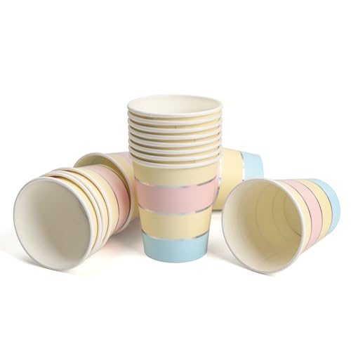 PARTY GO Pappbecher 16 Stück, Pastell Pappbecher mit Silberrand kindergeburtstag für 16 Gäste Geburtstagsdeko Junge Mädchen Partys