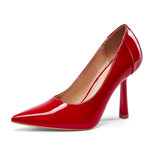 GENSHUO Einzigartige kegelförmige Stilettoabsätze – 10 cm hoch, Spitze Zehenpartie für einen eleganten und selbstbewussten Stil, rotes Lackleder, 42 EU