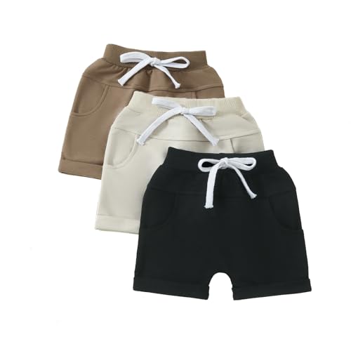 Himllauen Baby Jungen Shorts 3er-Pack Sommer Einfarbig Shorts 0-3 Jahre Kinder Kurze Hosen (Kaffee Aprikose Schwarz, 12-18 Months)