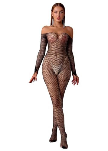 Bommi Fairy Damen Sexy Fischnetz Mesh Bodystockings Ein Stück Bodysuit Teddy Dessous Schulterfrei Outfit Jumpsuit Unterwäsche (Schwarz)