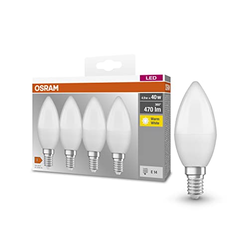 Osram Lamps LED Base Classic B Lampe, in Kerzenform mit E14-Sockel, nicht dimmbar, Ersetzt 5.5W = 40 Watt, Matt, Warmweiß - 2700 Kelvin, 4 Stück (1er Pack)