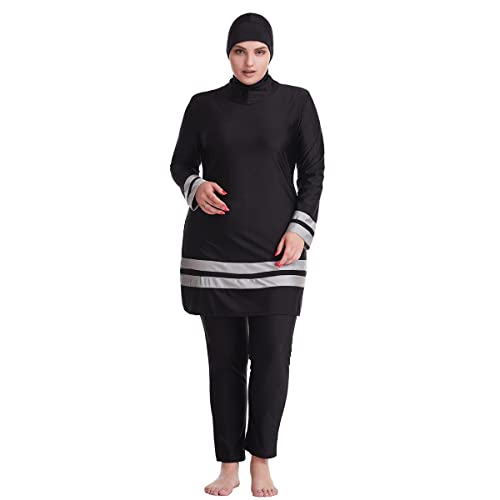 Burkini Damen Muslim Übergröße Frauen Muslimische Bademode Islamisch Arabisch Jilbab Langarm Schwimmoberteile Built in Bra+Schwimmhose+Hijab Kopftuch Khimar 3tlg Ganzkörper Schwimmanzug Schwarz 2XL