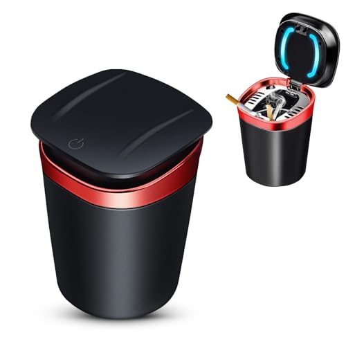Kytpyi aschenbecher auto, auto aschenbecher mit deckel, Rauchfreier Aschenbecher aus Edelstahl mit LED-Licht, abnehmbarer tragbarer auto aschenbecher für Zuhause, Büro, Camping im Freien (Rot)