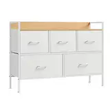SONGMICS Kommode, Schrank, 5 Stoffschubladen mit Griffen, Metallgestell, Industrie-Design, wolkenweiß-eichenbeige LTS135W01