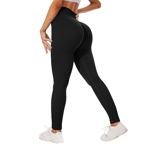 DDOBB Scrunch Leggings Damen Butt Sport Leggings Nahtlose Po Push Up Booty High Waist Sportleggins Lang Gym Fitness Leggins Blickdicht Laufhose Dehnbar Yoga Pants(Schwarz,XXL)