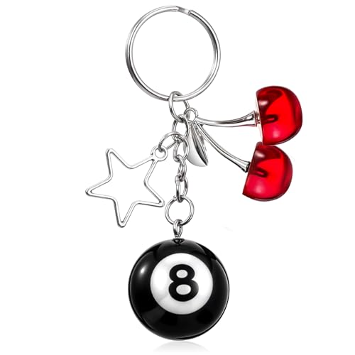 8 Ball Schlüsselanhänger Pool Ball Schlüsselanhänger Kirsche Acht Ball Schlüsselanhänger mit Stern Süßes Y2k Ästhetisches Kreativer Auto Accessoire für Frauen Männer Schlüssel Billard Liebhaber Sport