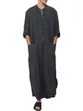 Herren Kaftan Rund-Ausschnitt Langarm Kaftan Männer Muslimische Roben Abaya Dubai Arabisch Islamische Gebet Kleidung Ethnische Roben Lange Ärmel Einfarbig Kaftan Indisch Islam Traditionelle Kostüme