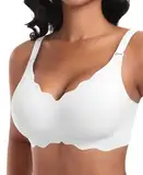 Ganado Damen Nahtloser BH Ohne Bügel Tiefem V-Ausschnitt gewellte Ränder Push Up BH Bralette Soft Bequem BHS Bügellos Bustier (Weiß-Doppel Vorderwelle, L)
