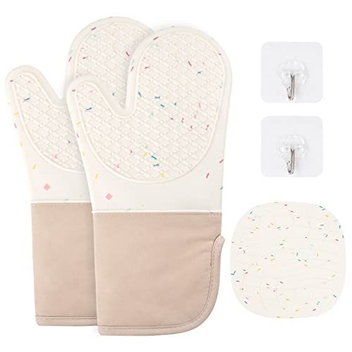 AUAUY Ofenhandschuhe Set, 1 Paar Silikon und Baumwolle Anti-Rutsch Kochhandschuhe, 446F° Hitzebeständige Topfhandschuhe, Backofen Handschuhe für Küche Kochen Backen Grillen BBQ mit 1 Topflappen