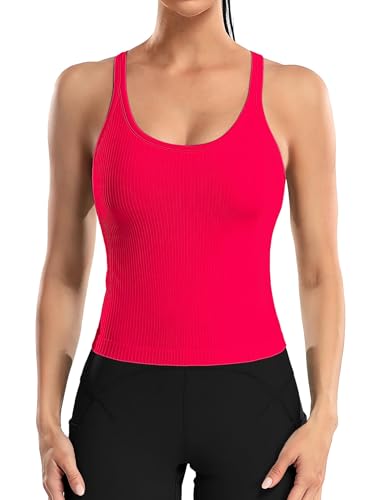 Attraco Damen Tank Top Sports Shirts Oberteile Frauen Racerback Workout Crop Top Ärmellos für Yoga Jogging Laufen Shirts Sportshirt Rot M