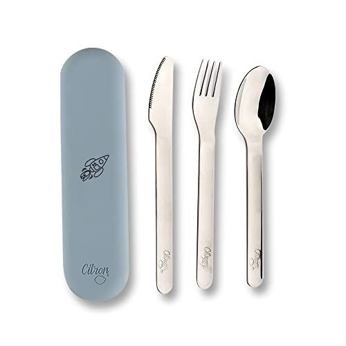 CITRON - Besteckset für Kinder - Gabel, Messer und Löffel - Set Entwöhnung - Tragbare blaue Tasche