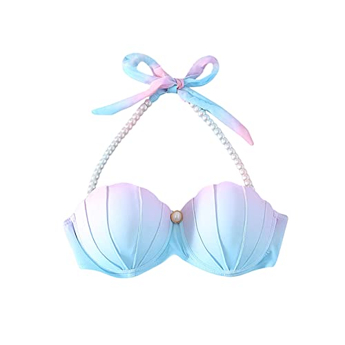 Jiabing Damen Meerjungfrau BH Bikinioberteile Meerjungfrau Bikini Bra Muschel Oberteile Tops Bügel Push Up Badeanzug Neckholder Bikinitop Clubwear Karneval Halloween Cosplay Kostüm Faschingskostüm