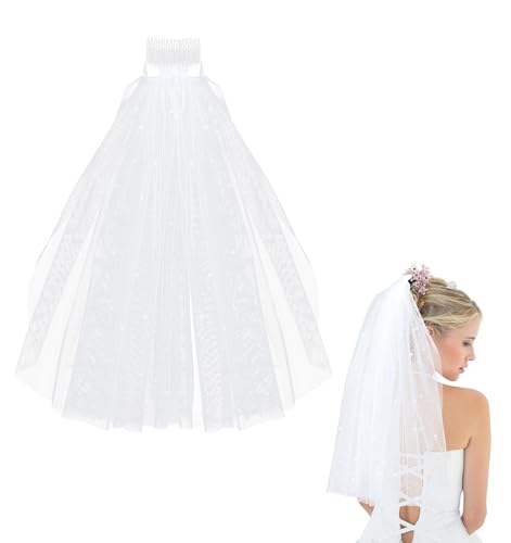 ValueBargain Brautschleier Kurz, Braut Schleier mit Perlenverzierung Inspiriert vom Viktorianischen Brautstil, Stilvoll und elegant Weißer Transparenter Stoff mit Kamm für Einfache Anwendung