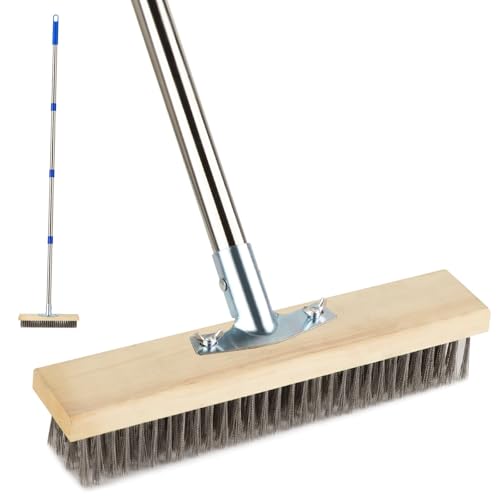 Drahtbesen zur Moosentfernung mit Stiel, Robust und Langlebig Stahldrahtbesen mit Teleskopstiel 160cm, Robuste Drahtbürste Metallbesen für Deck, Garten, Dusche, Wand, Wand und Terrasse (Edelstahl)