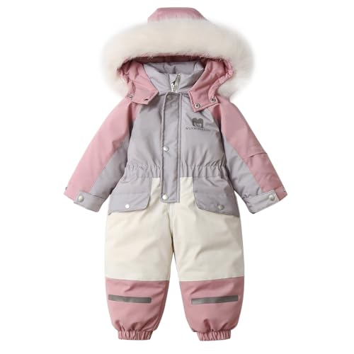 linboo Schneeanzug Baby Strampler Kinder Jungen Overall Skianzug Jumpsuit Mit Kapuze Mädchen Einteilige Daunenjacke Gefüttert Winter Schneeoverall, Rosa, 98(Herstellergröße: 100)