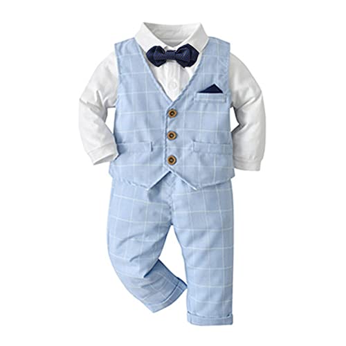 Volunboy Baby Anzug Jungen Anzugweste Hemd mit Fliege für Festlich Hochzeit Bekleidung Set 4tlg（3-4 Jahre，Blau-Plaid，Größe 110）