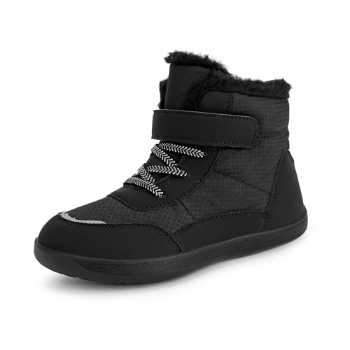 JYukaichen Kinder Winter Barfußschuhe Jungen Mädchen Winterschuhe Warme Gefüttert Outdoor Fitnessschuhe Trekking-Wanderschuhe Leicht Rutschfest Winterstiefel, EU28, Schwarz