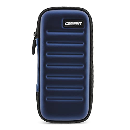 Champify® Darttasche blau mit Haltesystem gegen Verrutschen der Dartpfeile | Hard-Case zum Schutz für 3 Steeldarts oder Softdarts und vielen Taschen für Dart Flights und weiteres Darts Zubehör