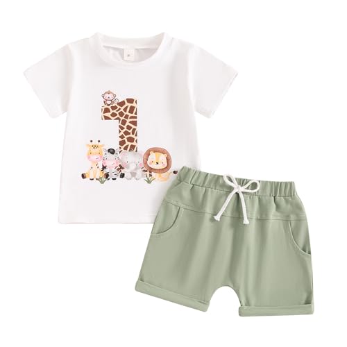 Geagodelia 1. Jahr Geburtstags Outfit Baby Junge Kleidung Set Kurzarm T-Shirt und Shorts Bekleidungssets für Jungen (1 Afrikanische Tiere Hellgrün, 12-18 Monate)