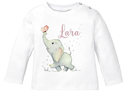 SpecialMe® Baby Langarmshirt mit Namen personalisiert Elefant Schmetterling Tiermotiv Tiere Junge Mädchen Bio-Baumwolle weiß 80/86 (10-15 Monate)