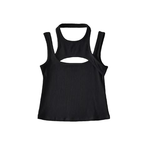 Asymmetrisches Crop-Top Y2K E-Girl, Ausgehöhltes Strick-Top, Ärmellos, O-Ausschnitt, Mini-Weste, Basic, Lässig, Sportlich, Sommer,Schwarz,M