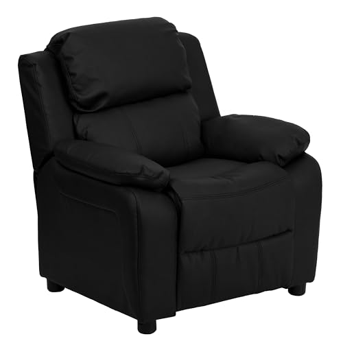 Flash Furniture Deluxe Padded Contemporary Kids Recliner with Storage Arms, Leather, Black, 66.04 x 53.34 x 53.34 cm