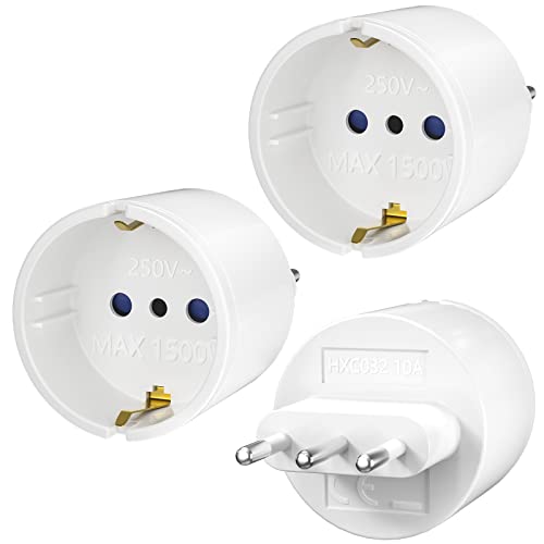 3 Stück Adapter Italien Steckdose, Deutschland auf Italien Reisestecker, Netzadapter 3er Pack DE to IT 2 Pin Europa 3 Italien Stecker Typ L Schuko Adapter EU auf Chile, weiß