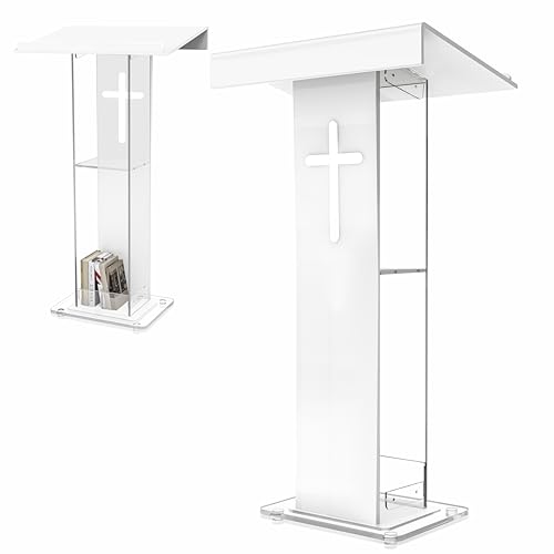 Vakiorn Kirchenpult Podium mit Kreuz Design, 115 cm Höhe, weißes Acryl, 2-Tier Lagerung, Kanzel für Kirchen Stand für Klassenzimmer, Konferenz, Hochzeit und mehr