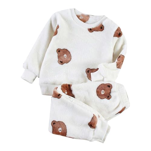 Flanellkleidung für Jungen Mädchen, langärmelig mit Hose, für den Winter, warm, weich flauschig, mit Fleece-Jogginghose (A-02-Beige, 18-24 Months)