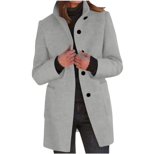 EMATOP Damen Mantel Lang Elegante Wollmantel Winter Warm Trenchcoat Langarm Stehkragen Winterjacke Baumwolle Einfarbig Parka Jacke mit Taschen Wintermantel Vintage Fleecejacke Outdoor