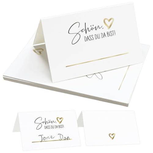 JIADEXIN 50 Stück Tischkarten Hochzeit -Schön dass du da bist Sitzplatzkarten 85x55mm Tischdekoration Namenskarten Platzkarten für Hochzeit Geburtstag Feiern Partys