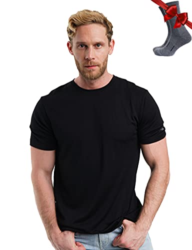 Premium Merino Shirt Herren Kurzarm - Atmungsaktiv 100% Merinowolle Tshirt Herren + Wanderwollsocken (Large, Black Ink)