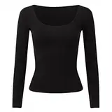 QWUVEDS Schlankes Damen-Herbst- und Winteroberteil mit Einer Tops Damen Schwarz