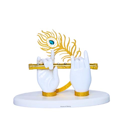 House of Wemy Lord Sri Krishna Hand Idol mit Flöte & Pfauenfeder Statue für indische Rückkehr Geschenke, religiöse Dekoration & Heimdekoration - Harz (2,7 x 8,9 x 6,4 cm)