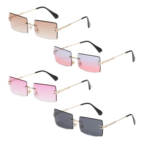 EUPSIIU 4 Paar Retro Sonnenbrille Randlose Rechteck Sunglasses für Damen Herren Ultra-Small Frame Mode Brille 80er Vintage Durchsichtige Linse Rahmenlose Rimless Sonnenbrille (4 Farben)