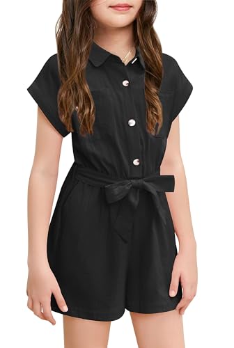 Haloumoning Niedlicher Jumpsuit für Mädchen Sommer Kinderoverall Button Down mit Gürtel Kinder kurzer Romper mit Taschen Schwarz, 12-14 Jahre
