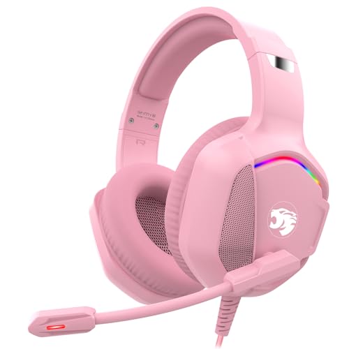 IMYB A36 Gaming Headset mit Mikrofon für Pc, Xbox One Series X/s, Ps4, Ps5, Switch, Stereo Surround Noise Cancelling kopfhörer mit Mic RGB Licht für Mac, Laptop, Nintendo, Gamer（Rosa）